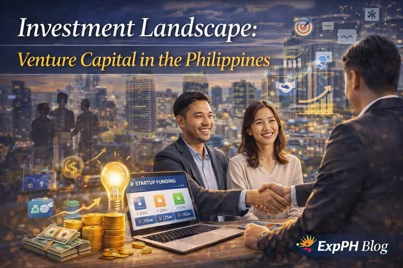 Filipino entrepreneurs meeting with investors and discussing startup funding with financial charts and digital growth icons representing venture capital investment in the Philippines with the ExpPH Blog logo.