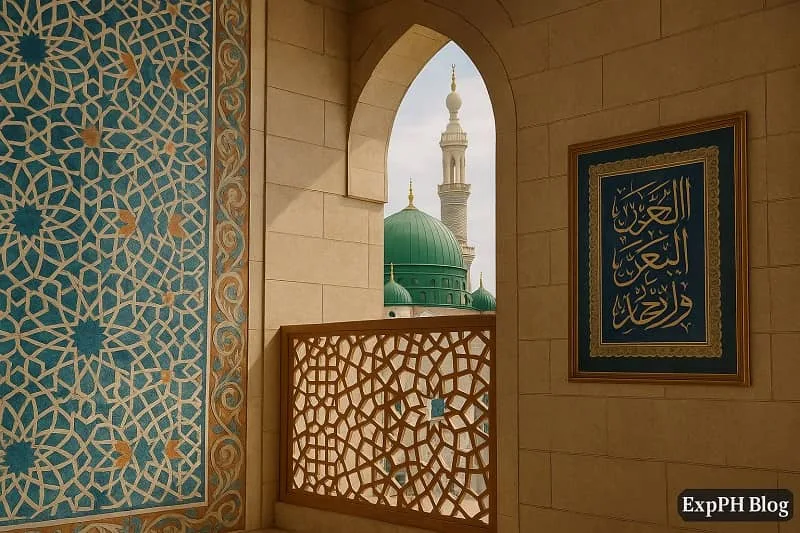 A realistic scene of Islamic architecture featuring ornate geometric patterns, carved archways, and colorful tile designs that frame a grand mosque with golden domes and tall minarets in the background. The peaceful courtyard glows with soft afternoon light, and the ExpPH Blog logo appears in the corner of the image.