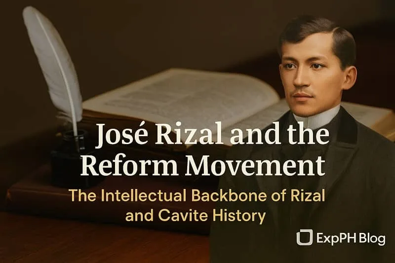 Realistic image of José Rizal in an intellectual study setting with books and a quill, representing the Reform Movement as the intellectual backbone of Rizal and Cavite history, featuring the ExpPH Blog logo.