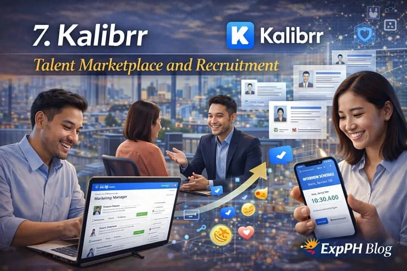 Filipino job seekers and recruiters using a digital recruitment platform on laptops and smartphones representing Kalibrr talent marketplace and hiring technology in the Philippines with the ExpPH Blog logo.