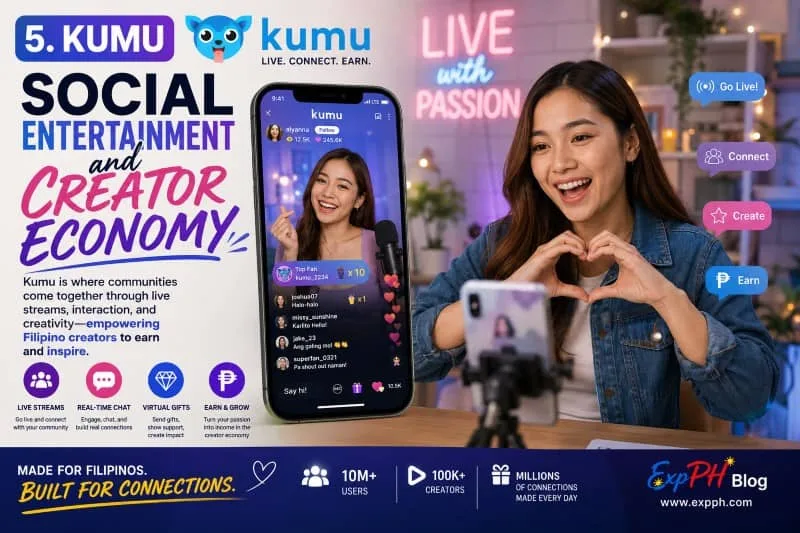 Realistic image of a Filipino content creator using the Kumu live streaming app for social entertainment and creator economy with ExpPH Blog logo.