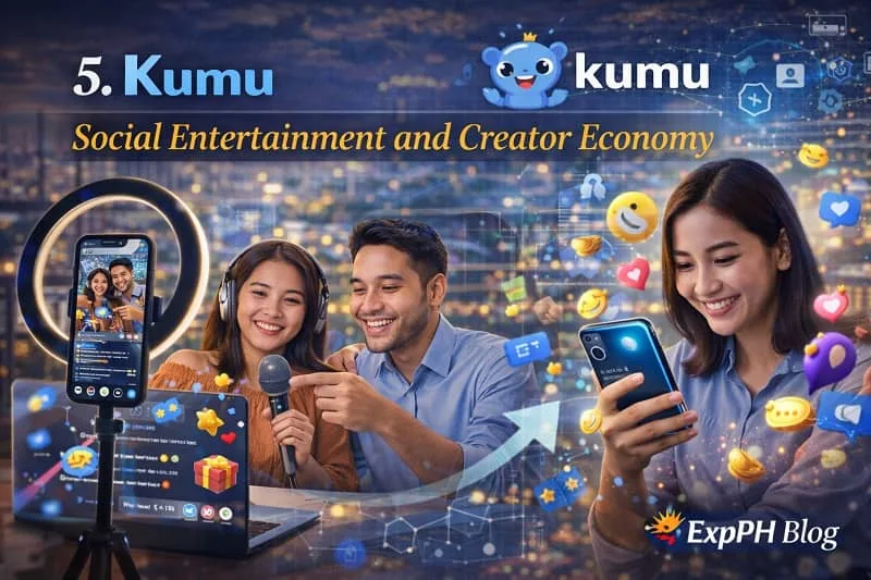 Filipino content creators livestreaming and interacting with viewers on a mobile app representing the Kumu social entertainment platform and creator economy in the Philippines with the ExpPH Blog logo.