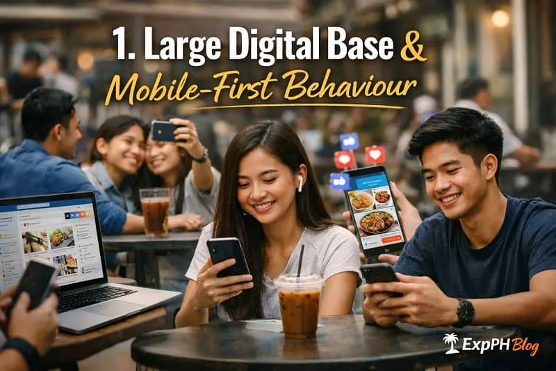 Filipino users actively using smartphones in a social setting showing mobile-first digital behavior in the Philippines