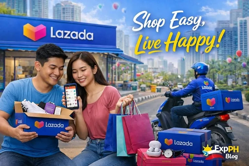 Filipino couple using Lazada app with shopping bags and delivery rider in city background
