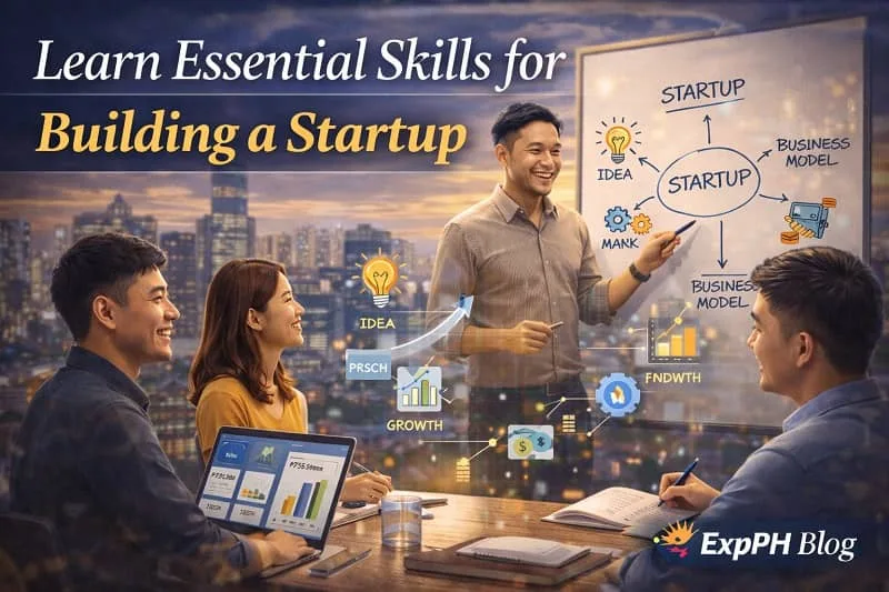 Filipino entrepreneurs learning startup skills while using laptops and digital tools with charts, lightbulb ideas, and innovation icons representing startup education and business skills with the ExpPH Blog logo.