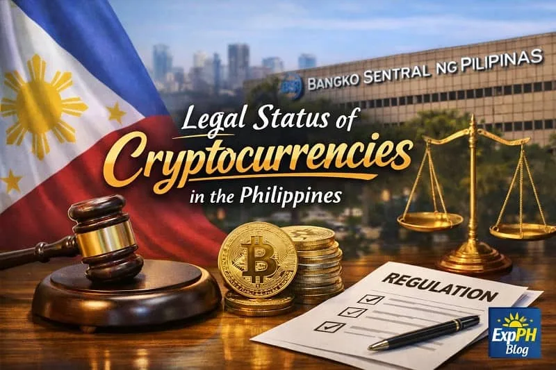 Legal status of cryptocurrencies in the Philippines showing the Bangko Sentral ng Pilipinas building, Bitcoin symbols, legal scales, Philippine flag, and ExpPH Blog logo