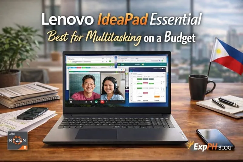 Lenovo IdeaPad Essential laptop showing multitasking apps on screen in a Filipino workspace setup, best budget laptop for online work