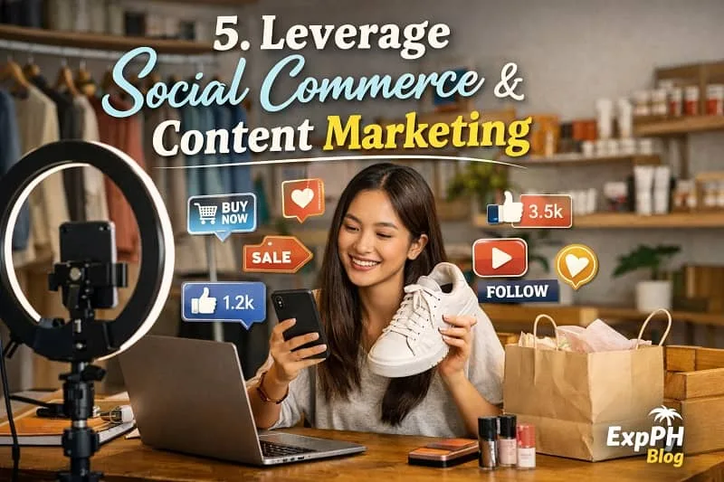 Filipino online seller promoting products through social commerce and content marketing using smartphone and live selling setup