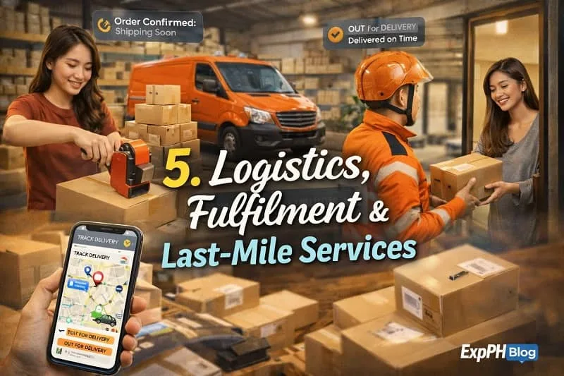 Filipino warehouse worker packing boxes while a delivery rider hands over a package to a customer, with a smartphone showing delivery tracking.