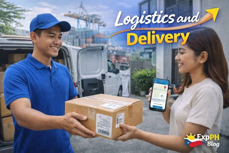 Filipino delivery rider transporting packages while customers receive online orders