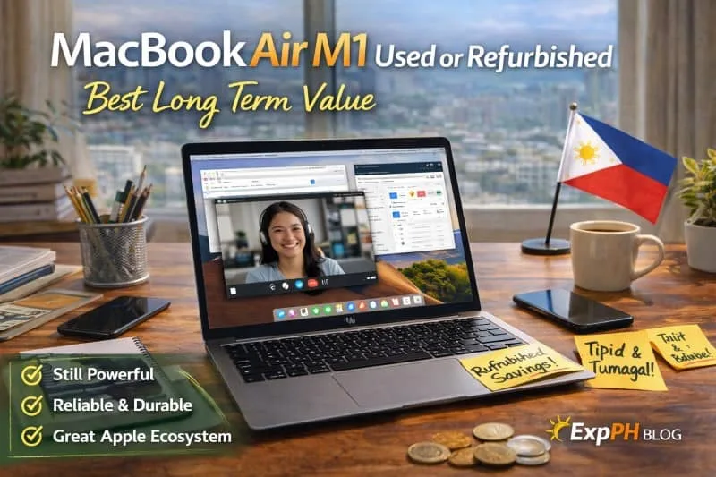 MacBook Air M1 laptop on a modern Filipino workspace setup, best long term value laptop for remote work