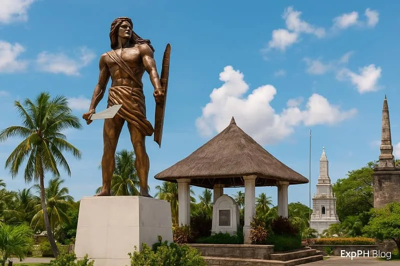 Realistic view of Mactan Shrine in Cebu with the Lapu Lapu statue, thatched pavilion, palm trees, blue sky, and the ExpPH Blog logo at the bottom corner.