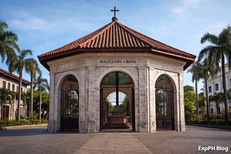 Realistic view of Magellan’s Cross pavilion in Cebu with its stone octagonal structure, red tiled roof, central wooden cross, surrounding palm trees, and the ExpPH Blog logo at the bottom corner.