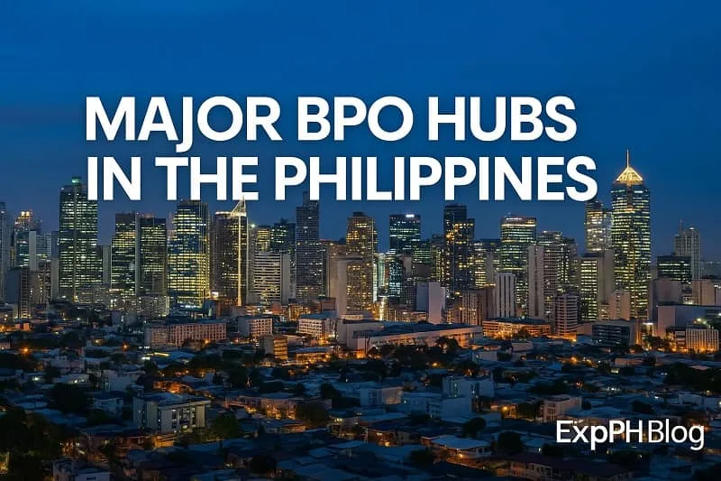 Realistic photo of the Philippine skyline showcasing major BPO hubs in Manila at dusk, featuring illuminated skyscrapers and the ExpPH Blog logo in the corner.