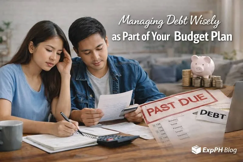 Filipino couple managing debt wisely at home by reviewing bills credit card statements and a budget plan with calculator and savings piggy bank