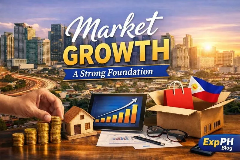 Philippine city skyline with business growth elements, coins, chart, and e-commerce visuals representing market growth and strong foundation