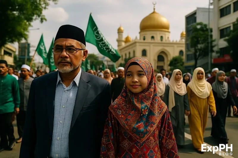 A realistic scene showing a modern cultural parade in Mindanao, where Muslim men and women walk together in traditional clothing near a mosque with golden domes. The atmosphere reflects unity, heritage, and contemporary community pride. The ExpPH Blog logo appears in the lower corner of the image.