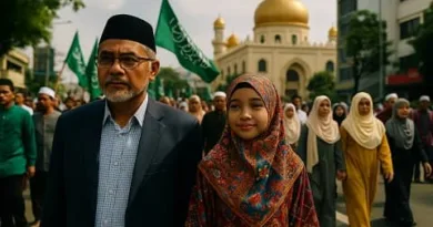 A realistic scene showing a modern cultural parade in Mindanao, where Muslim men and women walk together in traditional clothing near a mosque with golden domes. The atmosphere reflects unity, heritage, and contemporary community pride. The ExpPH Blog logo appears in the lower corner of the image.
