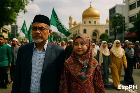 A realistic scene showing a modern cultural parade in Mindanao, where Muslim men and women walk together in traditional clothing near a mosque with golden domes. The atmosphere reflects unity, heritage, and contemporary community pride. The ExpPH Blog logo appears in the lower corner of the image.