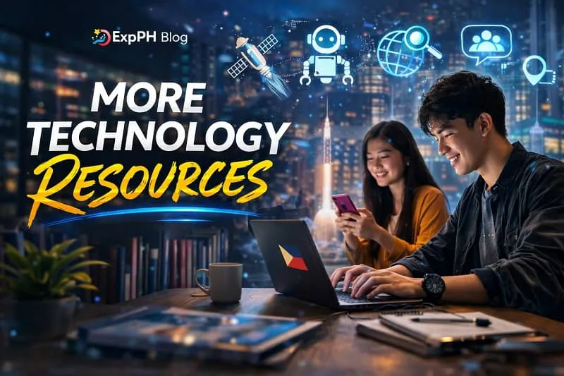 Filipino professionals using laptop and smartphone with digital icons for robotics, space technology, and online communities representing more technology resources