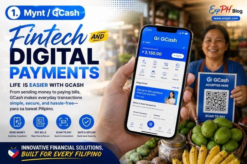 Realistic image of a Filipino using the GCash mobile app for digital payments and online financial services with ExpPH Blog logo.