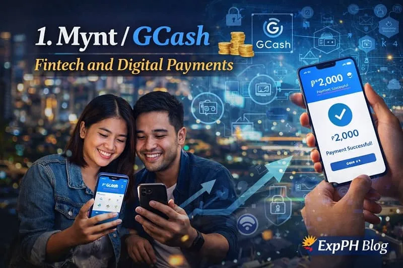 Filipino users making digital payments using the GCash mobile app on smartphones with fintech icons and financial growth graphics representing Mynt GCash digital payment innovation in the Philippines with the ExpPH Blog logo.
