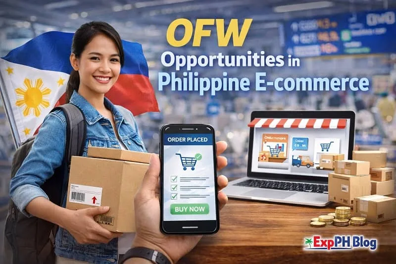 Filipino OFW woman holding a package at the airport with Philippine flag, alongside a smartphone and laptop showing online shopping and e-commerce platform, with ExpPH Blog logo