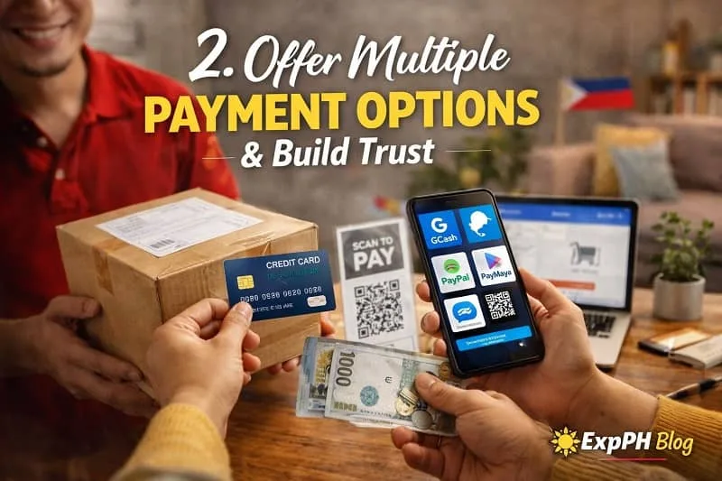 Filipino customer paying using multiple payment options including cash, credit card, and mobile wallets like GCash and PayMaya while receiving a package