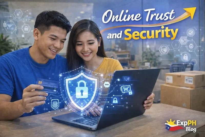 Filipino users securely shopping online with lock icon and digital protection features