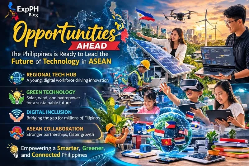 Filipino professionals and students using technology with renewable energy and modern city skyline representing future technology opportunities in the Philippines