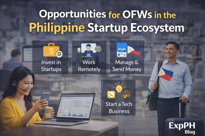 Overseas Filipino workers exploring opportunities in Philippine startups including remote work, fintech money transfers, startup investment, and tech entrepreneurship