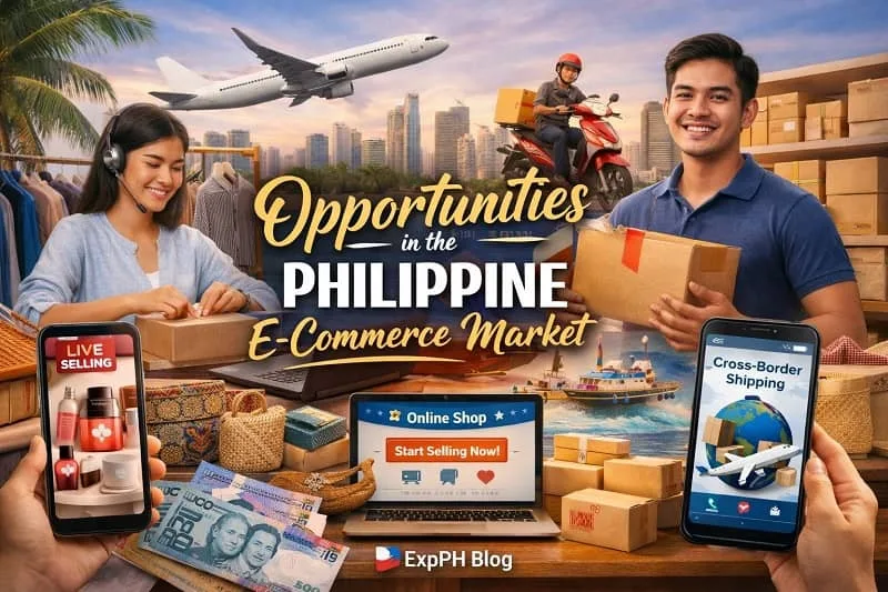 Opportunities in the Philippine e-commerce market showing Filipino sellers, online selling, logistics, and digital business growth.