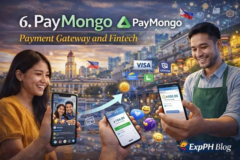 Filipino customers and small business owners using smartphones for online payments through a digital payment gateway representing PayMongo fintech services in the Philippines with the ExpPH Blog logo.