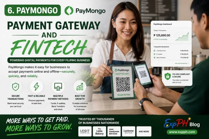 Realistic image of a Filipino business owner using PayMongo payment gateway and fintech solutions for digital transactions with ExpPH Blog logo.