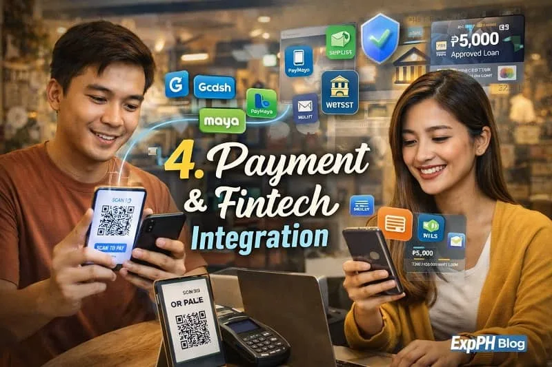 Filipino man scanning a QR code for digital payment while a woman uses a smartphone for online transactions, representing fintech and cashless payments.