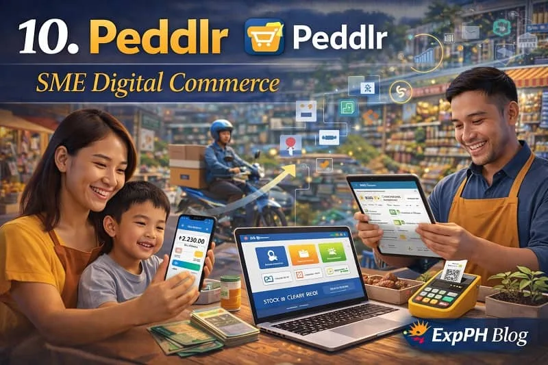 Filipino small business owner using a smartphone inventory and sales tracking app representing Peddlr SME digital commerce platform helping local businesses manage sales in the Philippines with the ExpPH Blog logo.