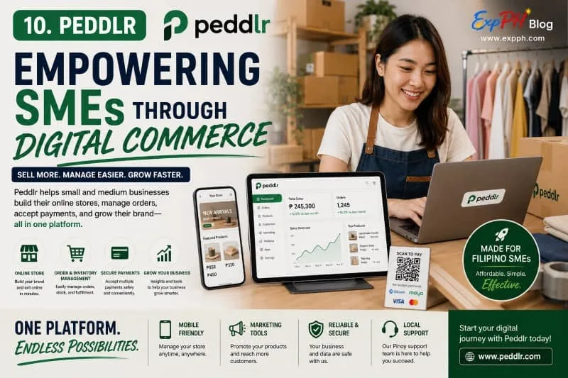 Realistic image of a Filipino entrepreneur using the Peddlr digital commerce platform to manage an online business with ExpPH Blog logo.