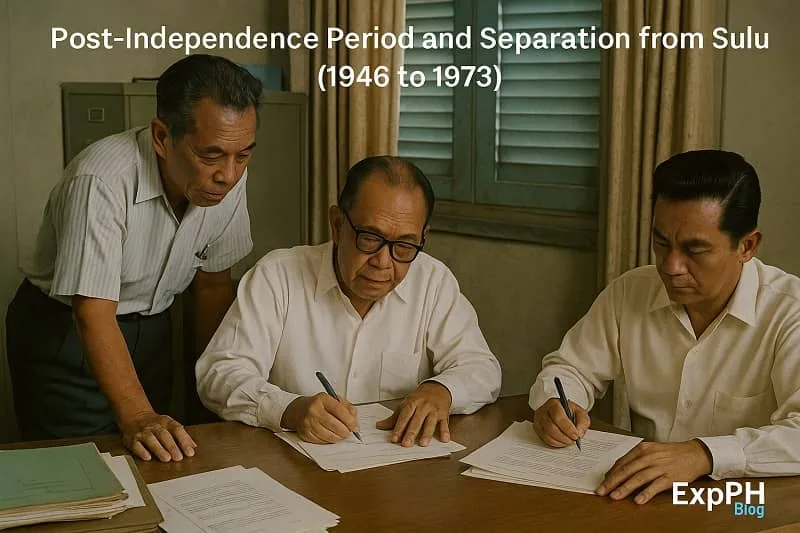 Realistic historical scene of Filipino officials signing documents symbolizing Tawi-Tawi’s separation from Sulu from 1946 to 1973.