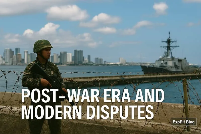 Soldier standing beside barbed wire with a naval ship and modern city skyline in the background, symbolizing post-war tensions and modern disputes