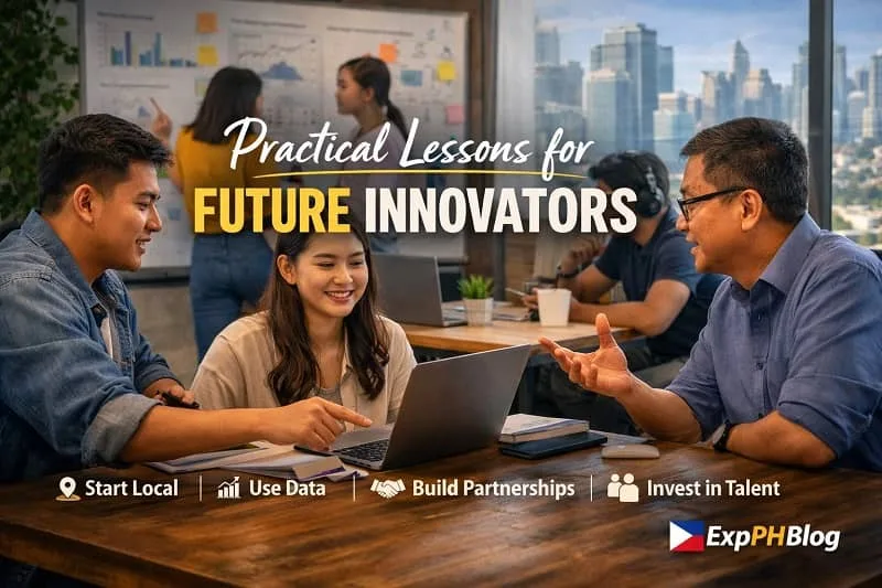 Filipino entrepreneurs collaborating in a modern workspace with laptop and charts, highlighting practical lessons for future innovators in the Philippines
