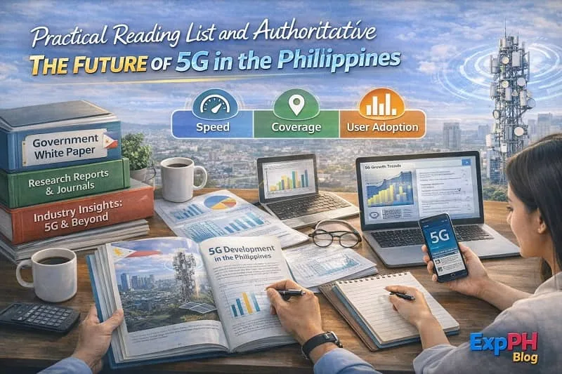 Realistic image of a Filipino professional reviewing 5G research reports on a desk with laptops and a smartphone, a 5G tower visible in the background, mixed-font typography, and the smaller ExpPH Blog logo.