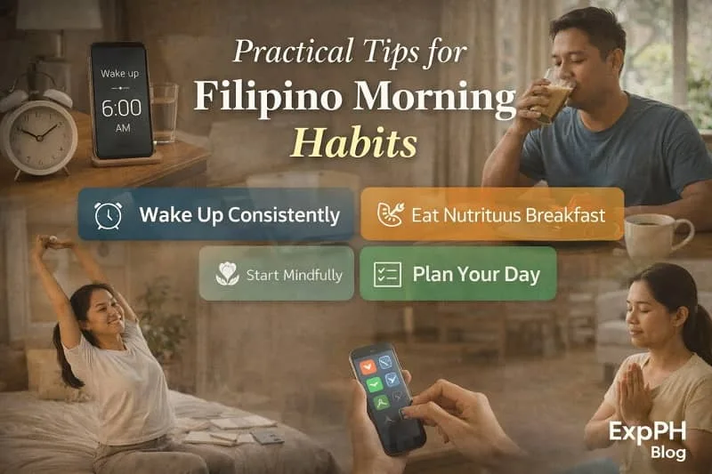 Filipino adults following practical morning habits such as setting alarms, planning tasks, stretching, and preparing for the day to build consistency and productivity.