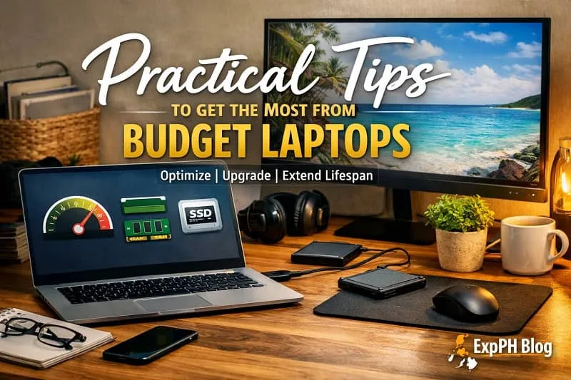 Filipino home office setup showing a budget laptop on a wooden desk with external monitor, SSD upgrade icons, workspace accessories, and ExpPH Blog logo, highlighting practical tips for maximizing laptop performance.