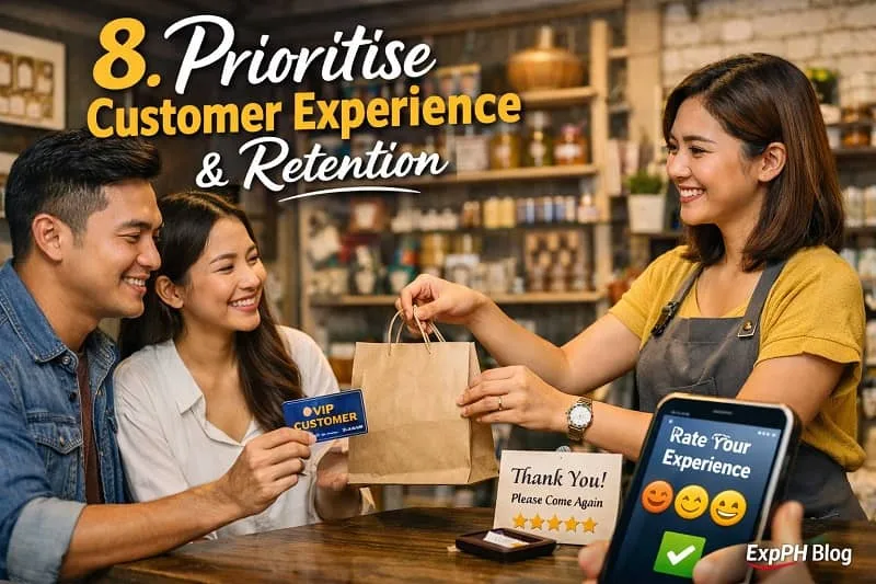 Filipino business owner providing excellent customer service and loyalty rewards to improve customer retention