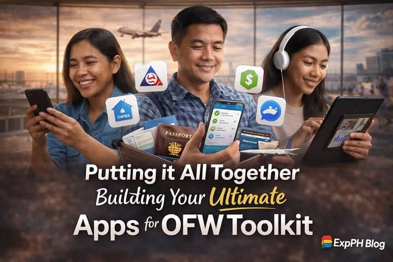 Filipino OFWs using smartphone and tablet at airport with app icons for welfare, finance, communication, and travel representing ultimate apps toolkit with ExpPH Blog logo