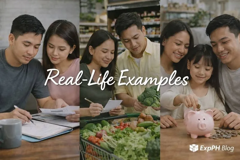 Real-life examples of Filipino families managing money through budgeting shopping wisely and teaching kids to save using everyday financial activities