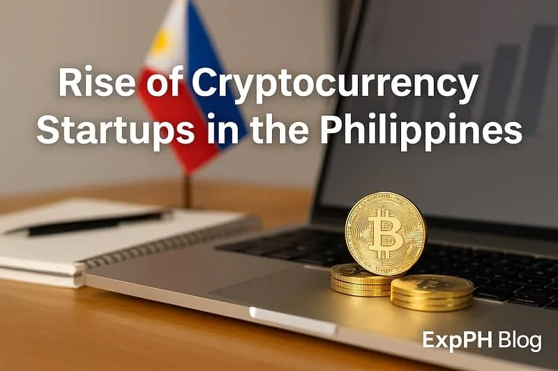 A realistic image showing gold Bitcoin coins placed on a laptop beside a notebook, with the Philippine flag in the background and the small ExpPH Blog logo on the lower right.
