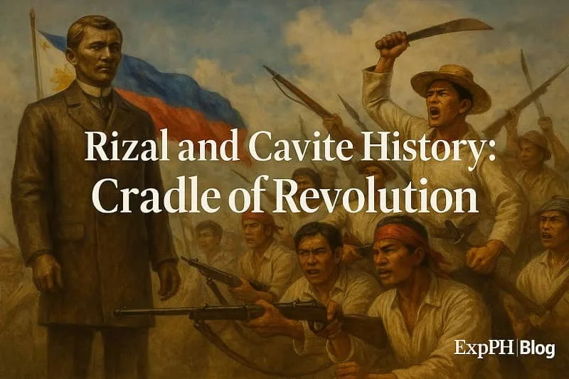 Realistic digital painting of José Rizal and Cavite revolutionaries holding bolos and rifles during the Philippine Revolution, with the Philippine flag in the background and the ExpPH Blog logo in the corner.