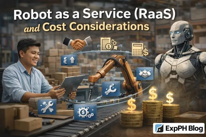 Filipino business owner using tablet with robotic arm and automation icons in warehouse, illustrating Robot as a Service and cost savings, with ExpPH Blog logo