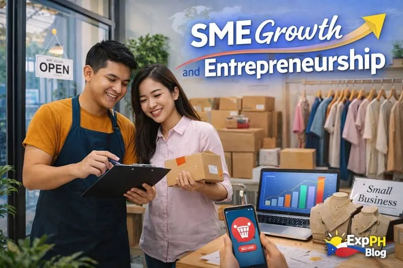 Filipino small business owners managing products and tracking sales growth in a local shop